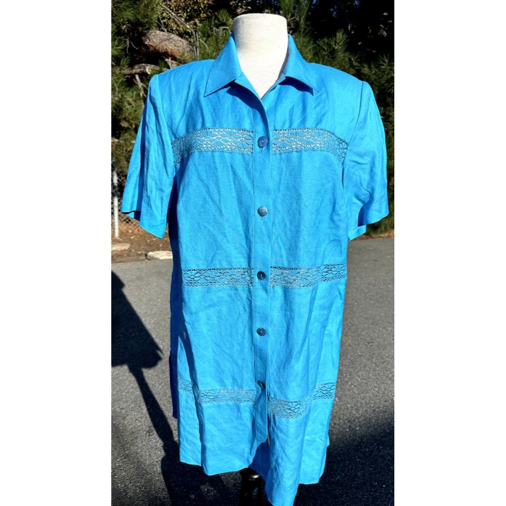 DressBarn Womens Blue 14W Dress Shirt Button Up Short Sleeve Padded Shoulder